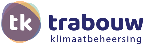 Logo Trabouw Klimaatbeheersing. Visueel drie ovale cirkels gelaagd met transparante kleuren paars, oranje en groen. In het midden de letters: t en k, T van Trabouw en K van Klimaatbeheersing.